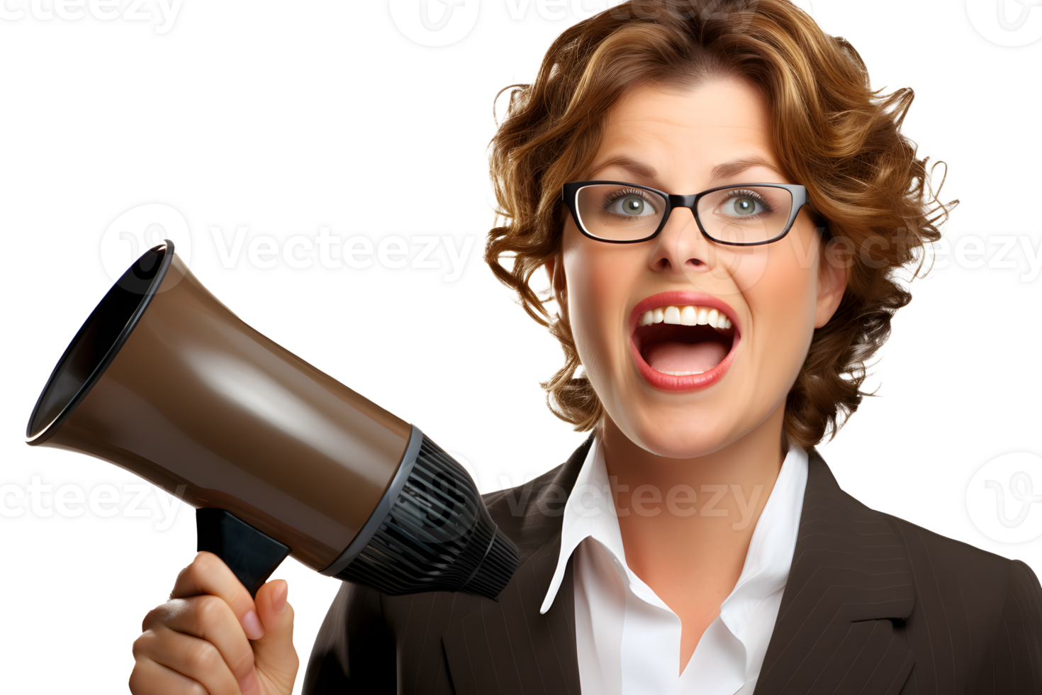 AI generated Photo of woman holds a bullhorn or loudspeaker in her hands. Without background png