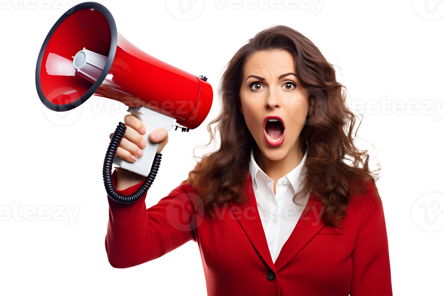 AI generated Photo of woman holds a bullhorn or loudspeaker in her hands. Without background png
