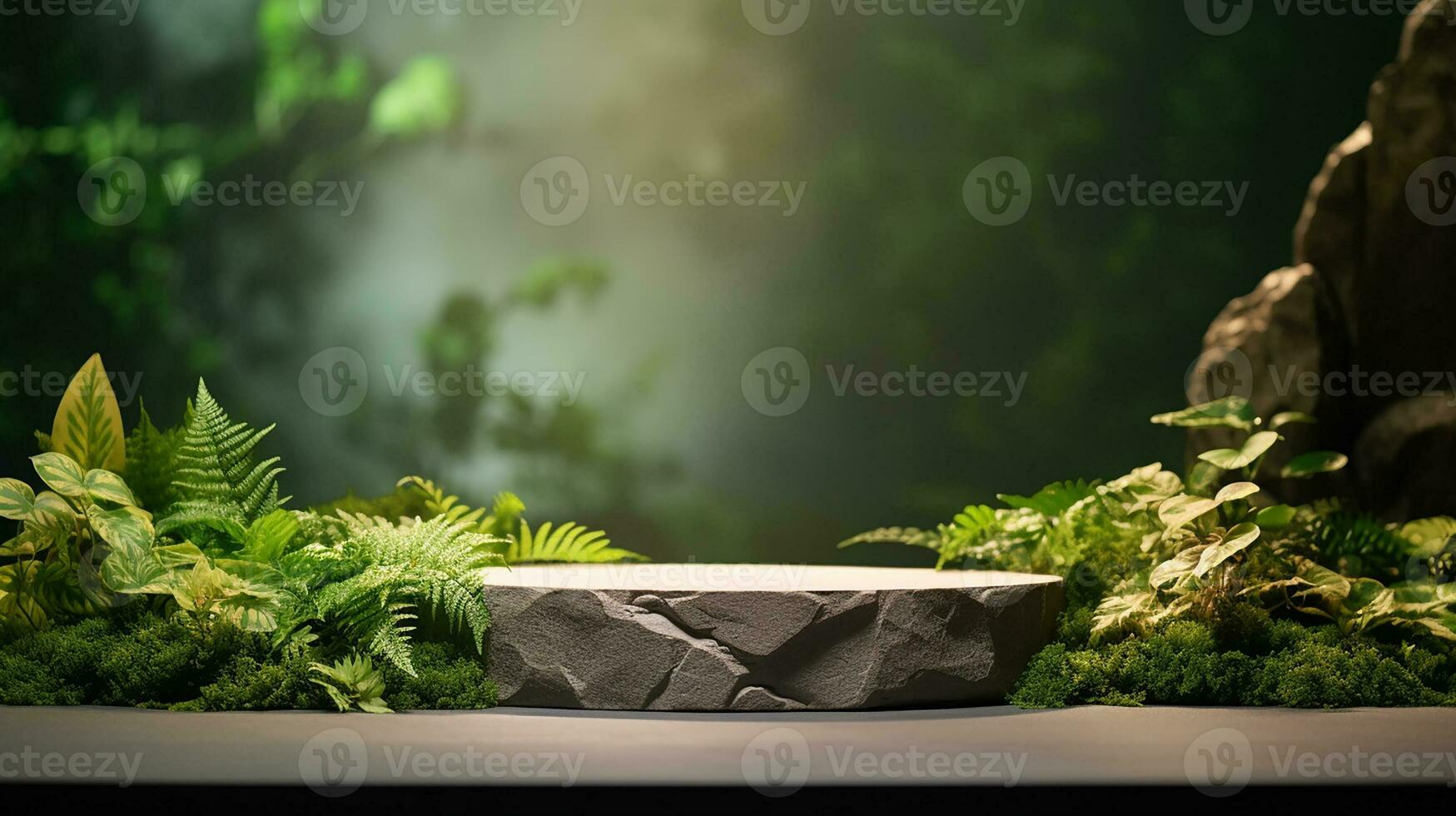 AI generated podium product display in jungle or stage product showcase mock up Minimal scene for product display presentation photo