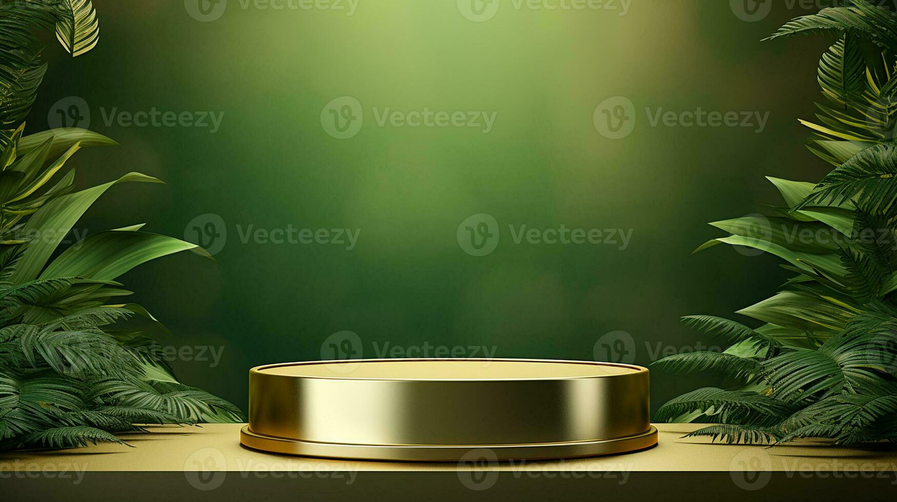 AI generated 3d rendered empty display elegant luxury green and gold theme podium with leaves Minimal scene for product display presentation photo