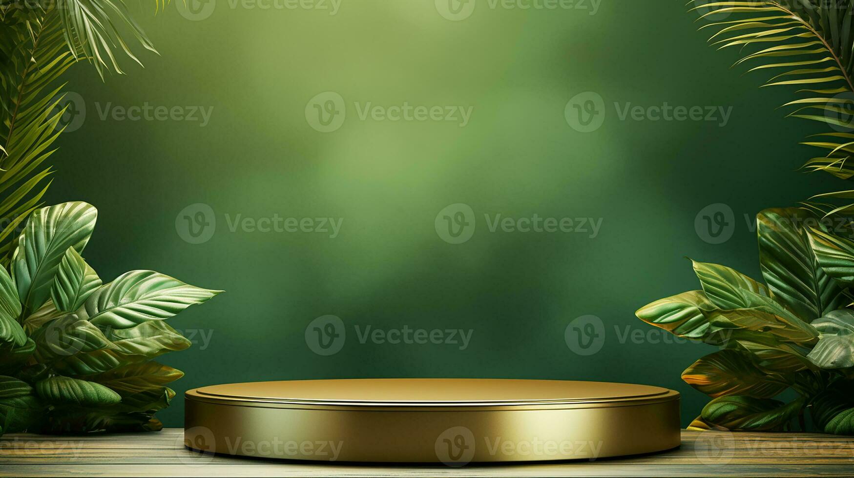 AI generated 3d rendered empty display elegant luxury green and gold theme podium with leaves Minimal scene for product display presentation photo