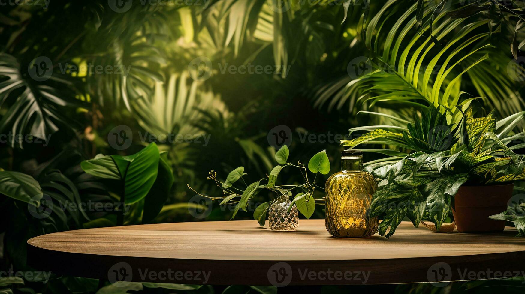 AI generated podium product display in jungle or stage product showcase mock up Minimal scene for product display presentation photo