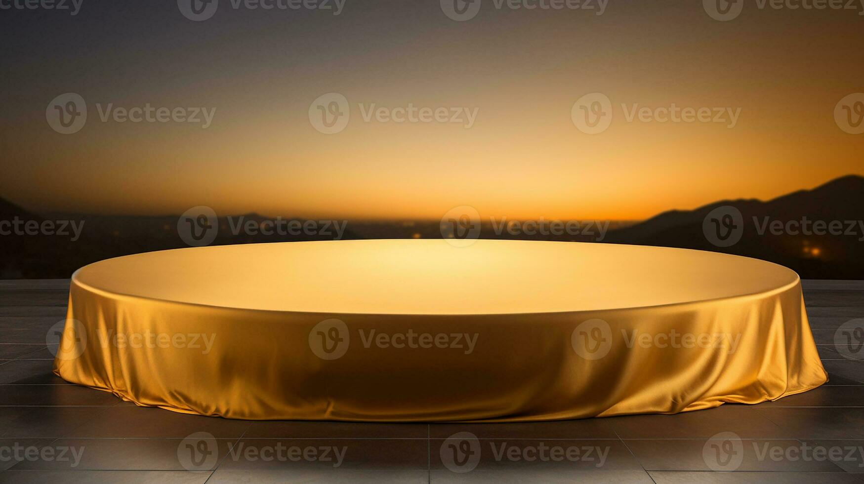 AI generated podium covered with golden cloth cylinder pedestal product display background 3d illustration empty photo