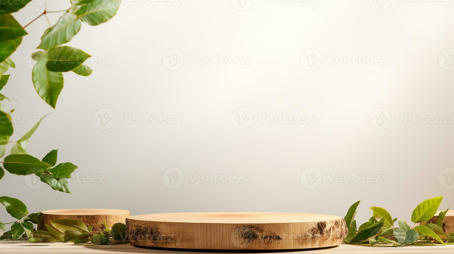 AI generated 3d rendered wooden empty display podium with leaves Minimal scene for product display presentation photo