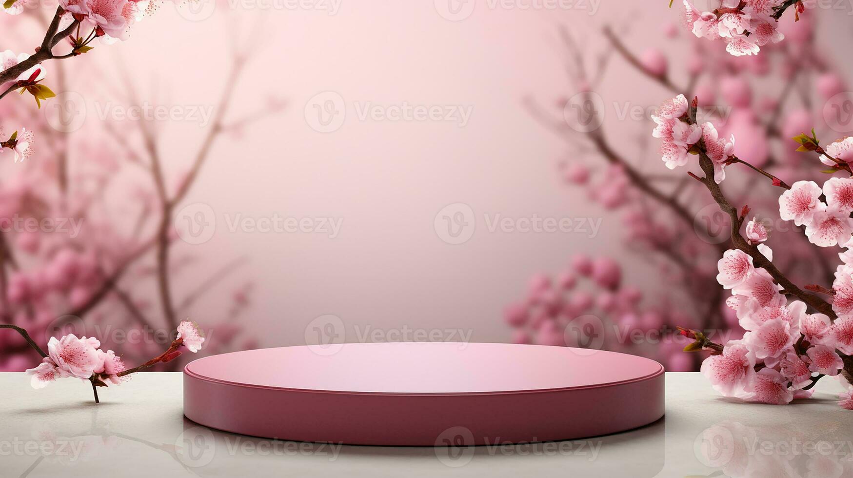 AI generated empty natural stone podium with flowers for showing packaging and product on blurred background, copy space ,3d rendered photo