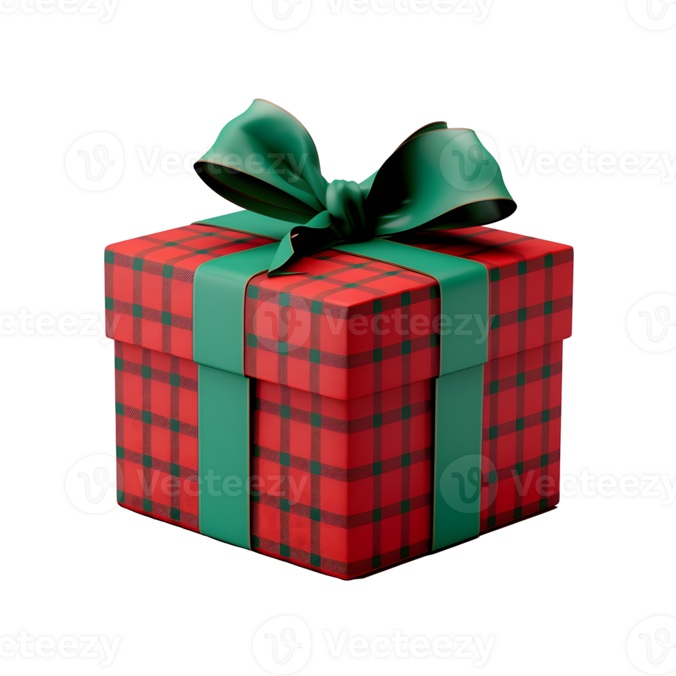 AI generated Photo of  present box in Christmas style with green bow and ribbon. Without background png