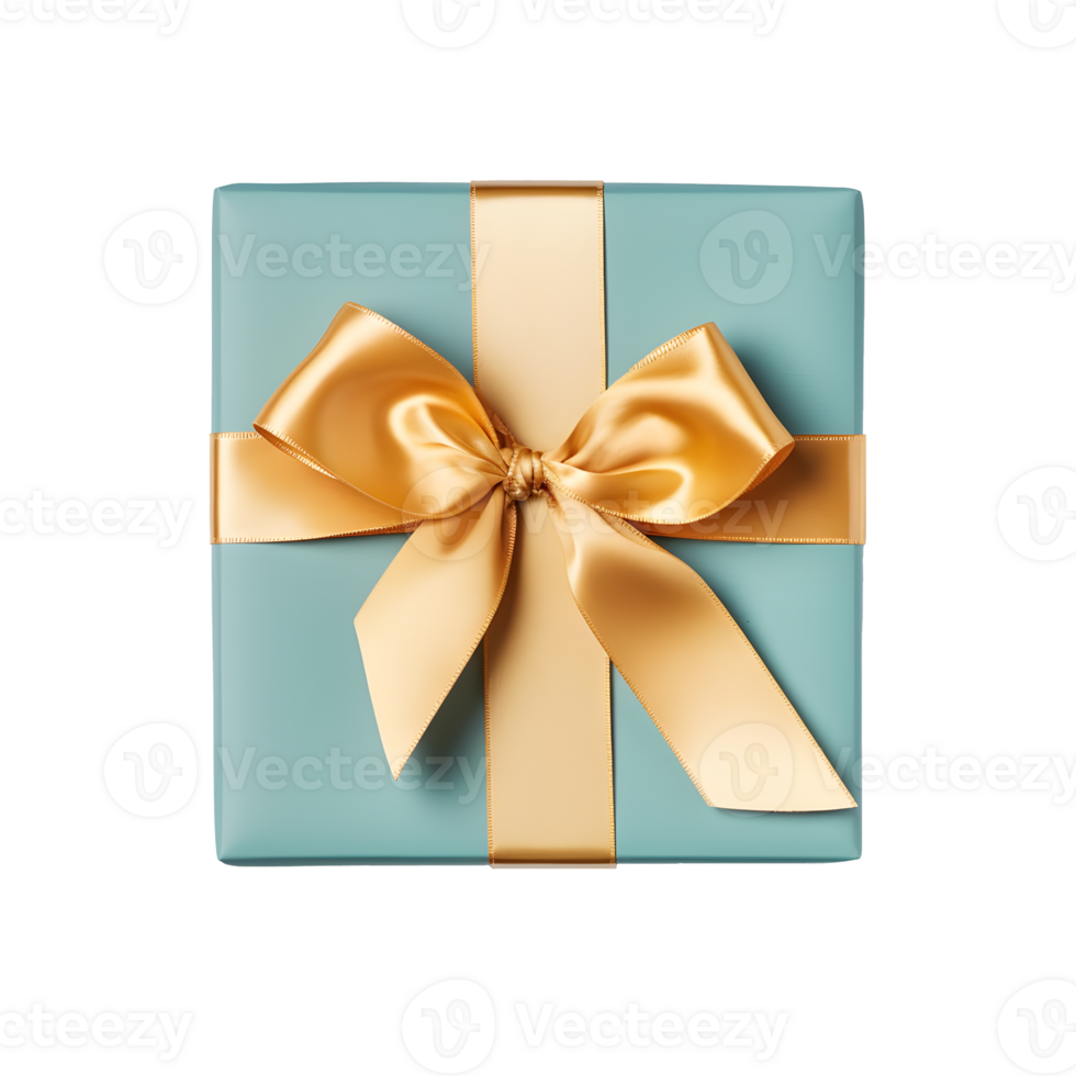 AI generated Top view photo of green present box with gold bow and ribbon. Without background png