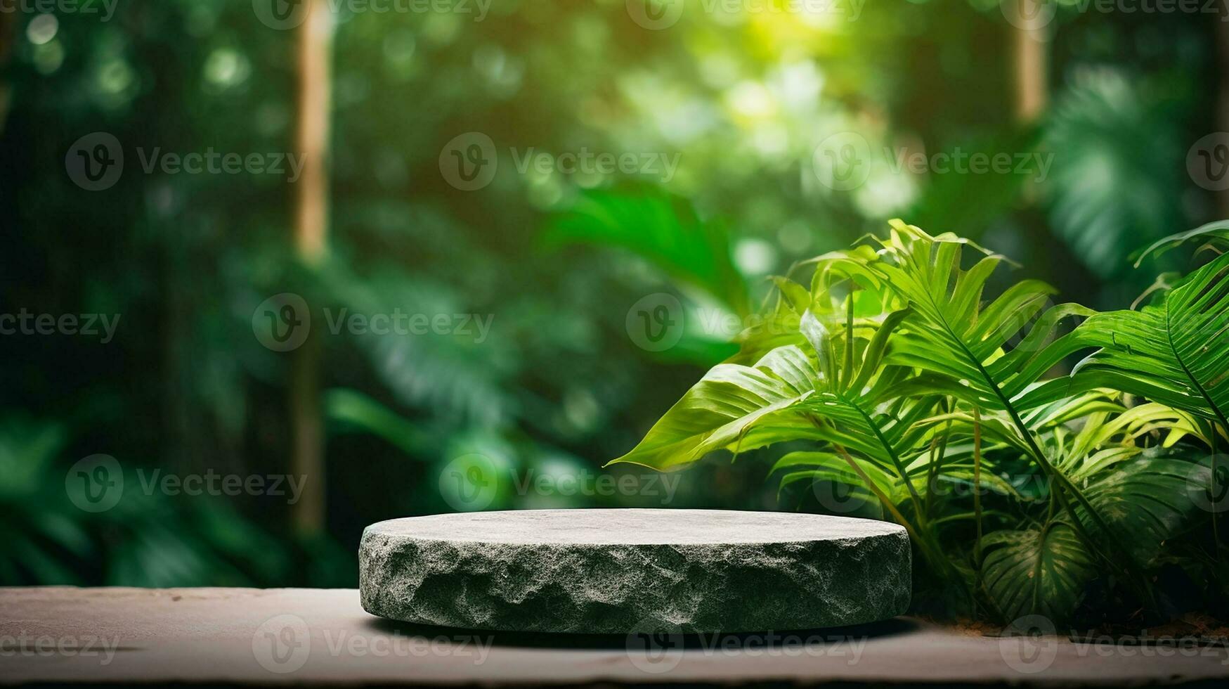 AI generated Concrete podium product display in jungle or stage product showcase mock up Minimal scene for product display presentation photo