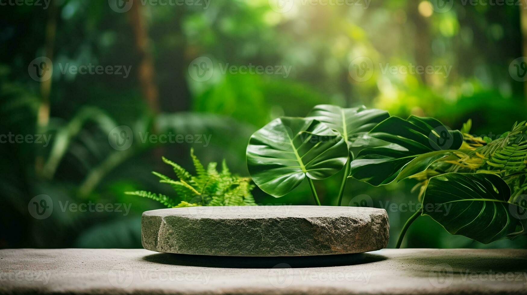 AI generated Concrete podium product display in jungle or stage product showcase mock up Minimal scene for product display presentation photo