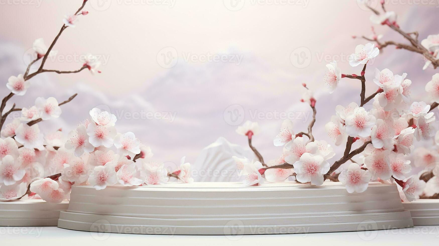 AI generated empty natural stone podium with flowers for showing packaging and product on blurred background, copy space ,3d rendered photo