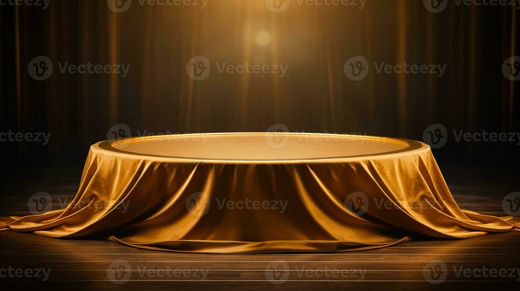 AI generated podium covered with golden cloth cylinder pedestal product display background 3d illustration empty photo