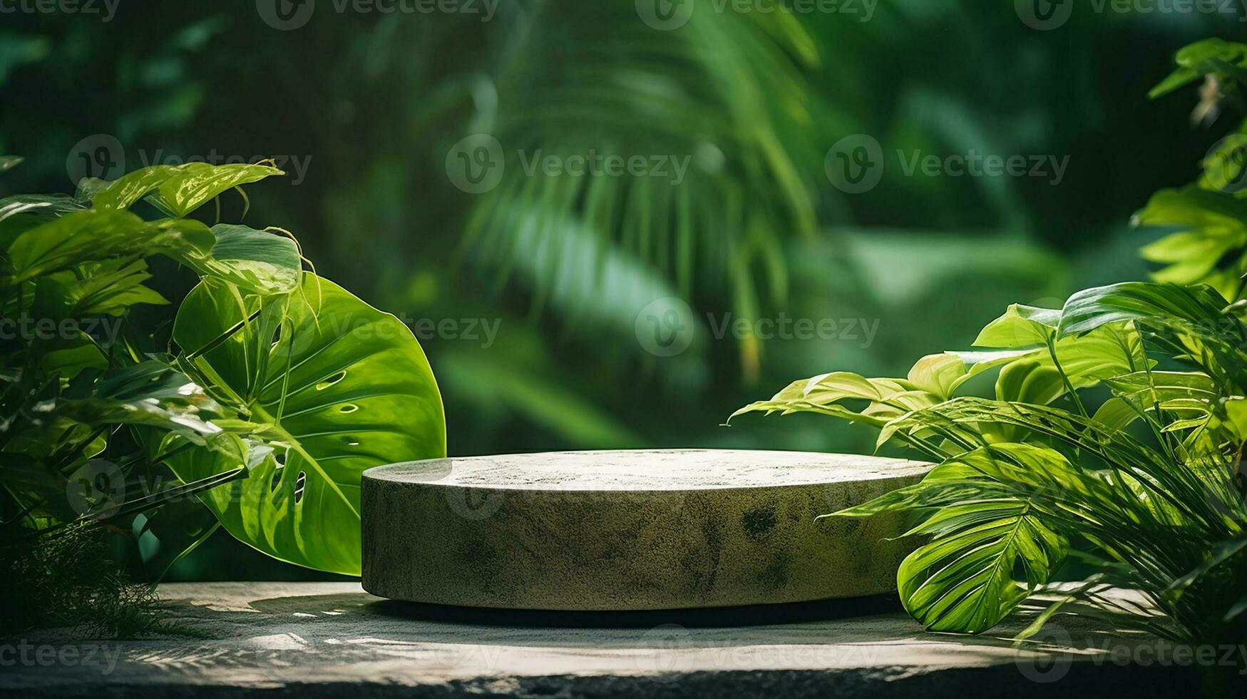 AI generated Concrete podium product display in jungle or stage product showcase mock up Minimal scene for product display presentation photo