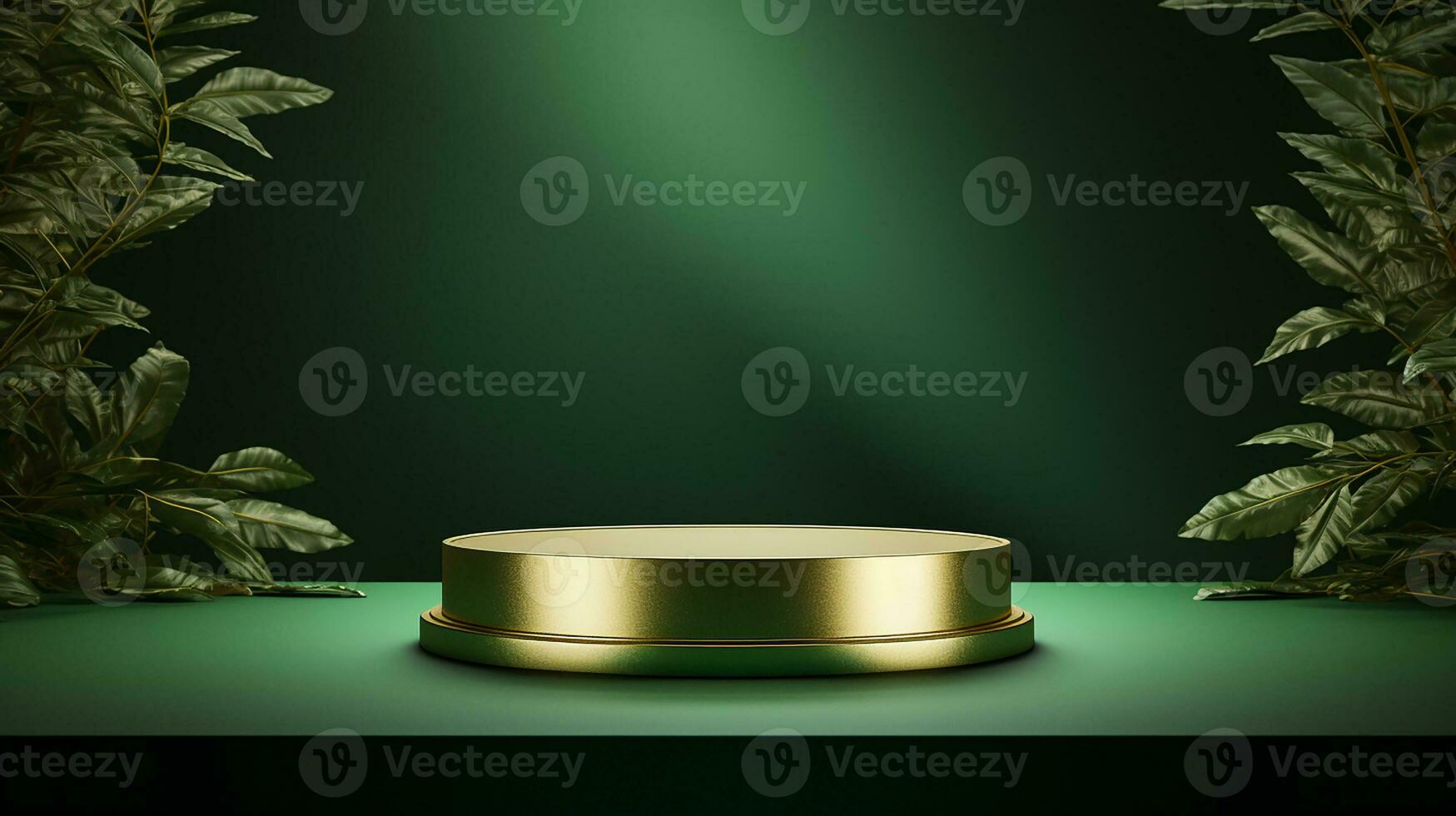 AI generated 3d rendered empty display elegant luxury green and gold theme podium with leaves Minimal scene for product display presentation photo