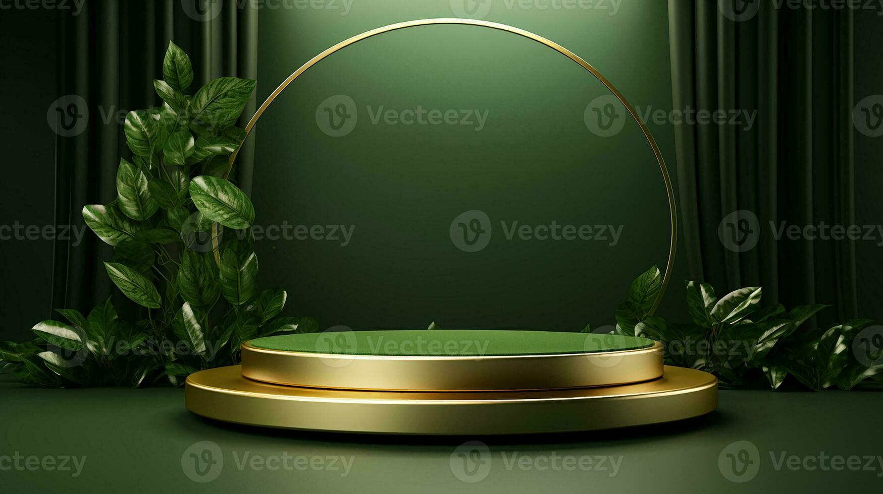 AI generated 3d rendered empty display elegant luxury green and gold theme podium with leaves Minimal scene for product display presentation photo