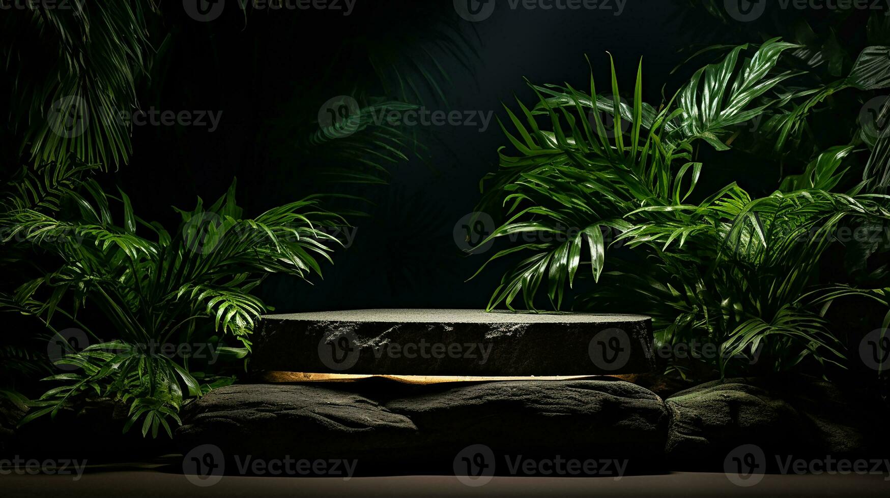 AI generated 3d rendered black empty Luxury natural stone podium with leaves for showing packaging and product on black background, copy space photo