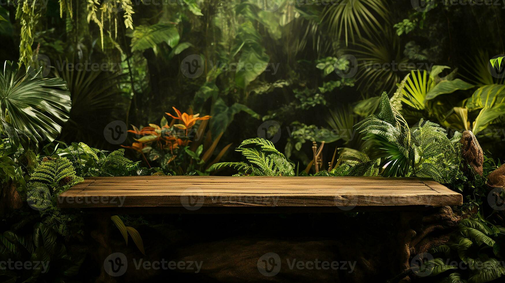 AI generated podium product display in jungle or stage product showcase mock up Minimal scene for product display presentation photo