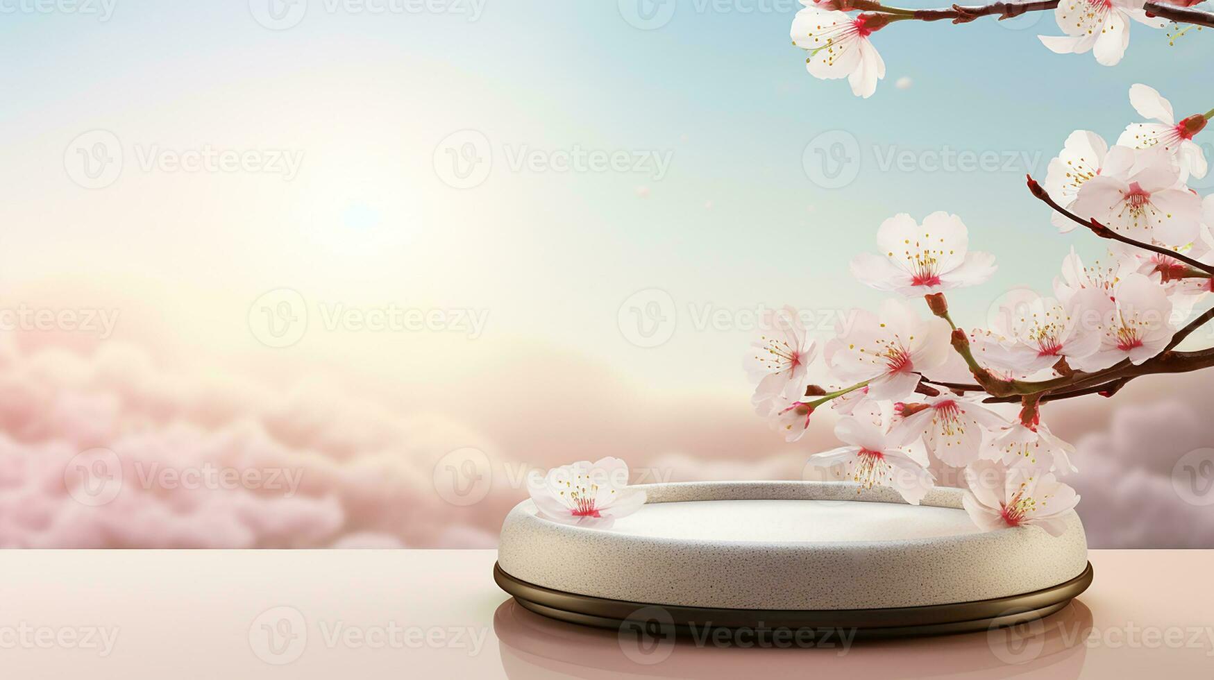 AI generated empty natural stone podium with flowers for showing packaging and product on blurred background, copy space ,3d rendered photo