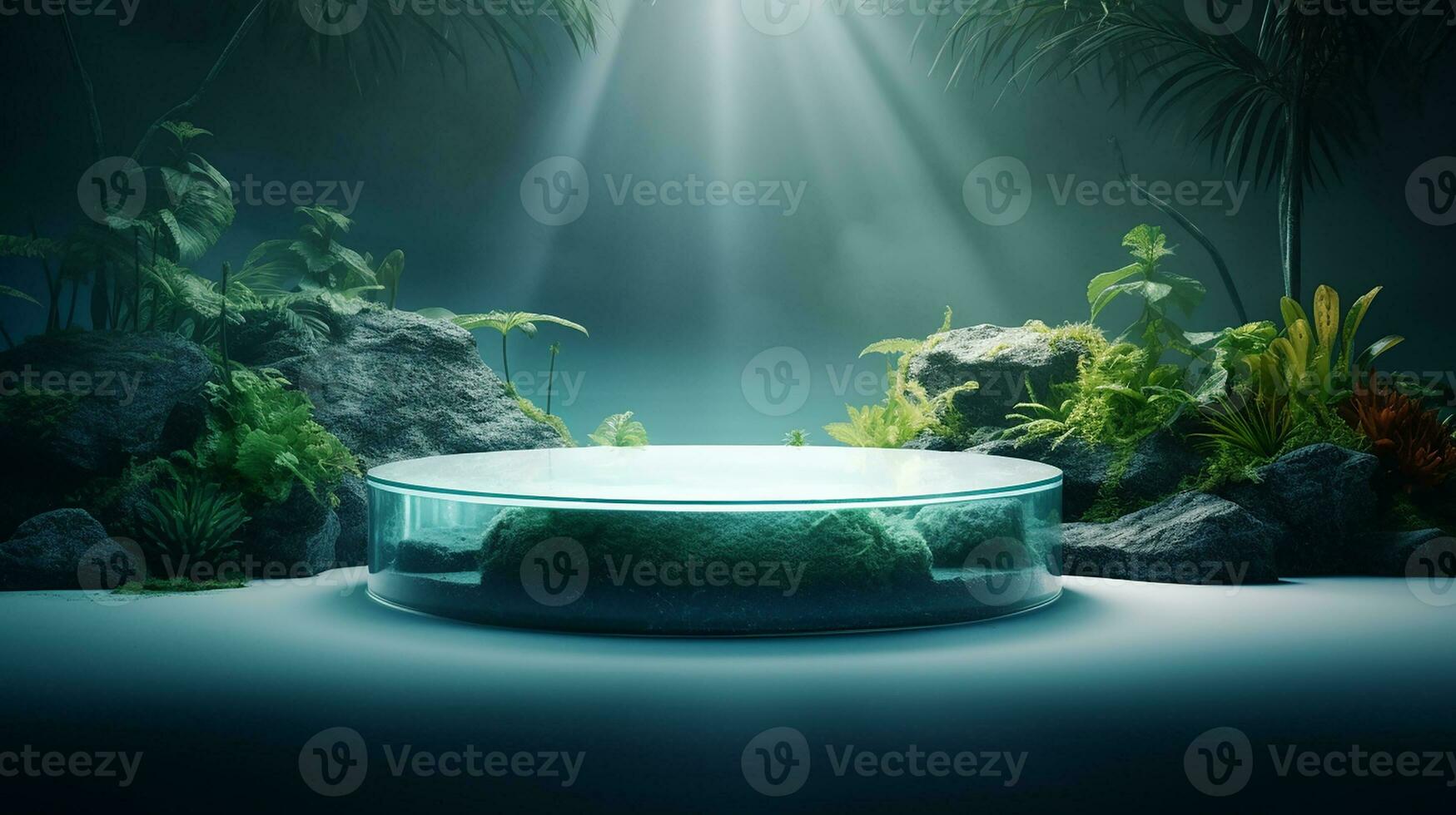 AI generated 3d rendered abstract empty display podium underwater made with stone Minimal scene for product display presentation photo