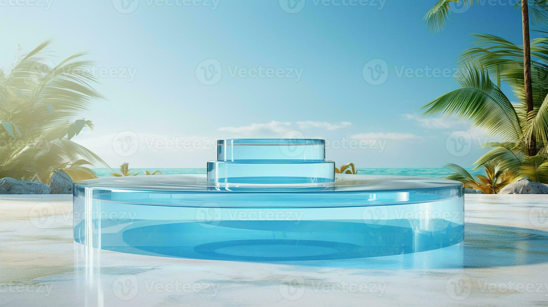AI generated 3d rendered empty display glass podium on the water Minimal scene for product display presentation photo