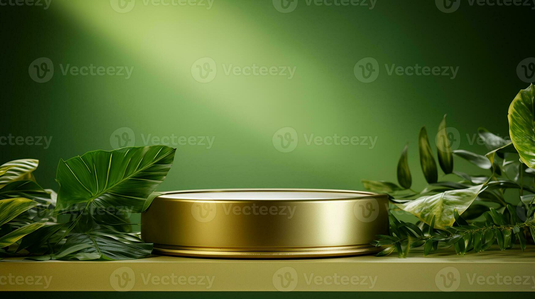 AI generated 3d rendered empty display elegant luxury green and gold theme podium with leaves Minimal scene for product display presentation photo