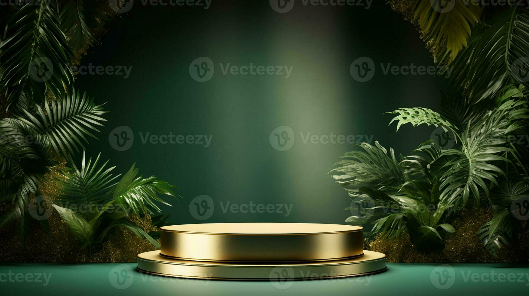 AI generated 3d rendered empty display elegant luxury green and gold theme podium with leaves Minimal scene for product display presentation photo