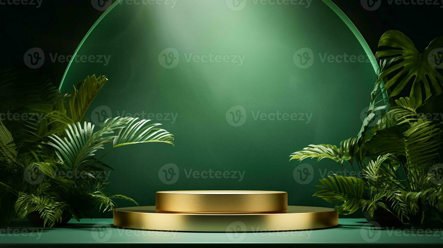 AI generated 3d rendered empty display elegant luxury green and gold theme podium with leaves Minimal scene for product display presentation photo