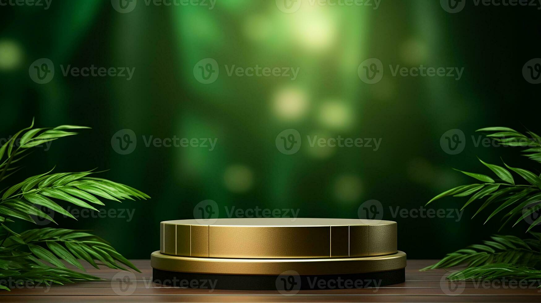 AI generated 3d rendered empty display elegant luxury green and gold theme podium with leaves Minimal scene for product display presentation photo