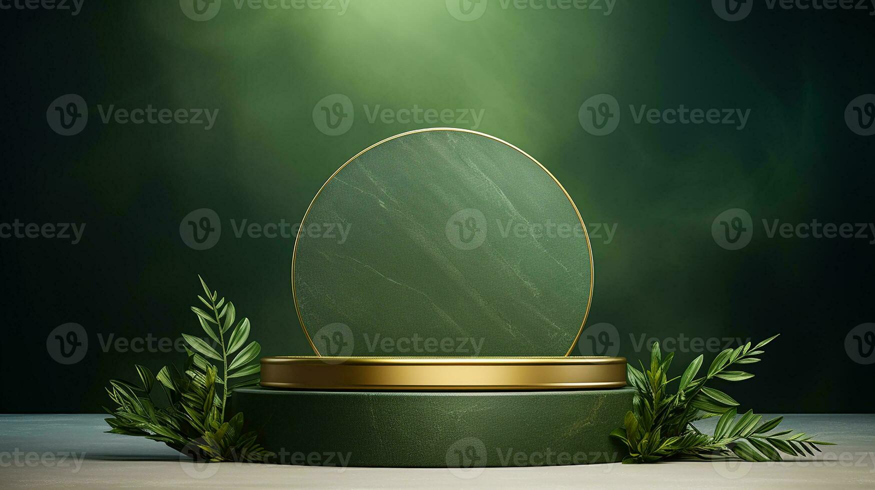 AI generated 3d rendered empty display elegant luxury green and gold theme podium with leaves Minimal scene for product display presentation photo