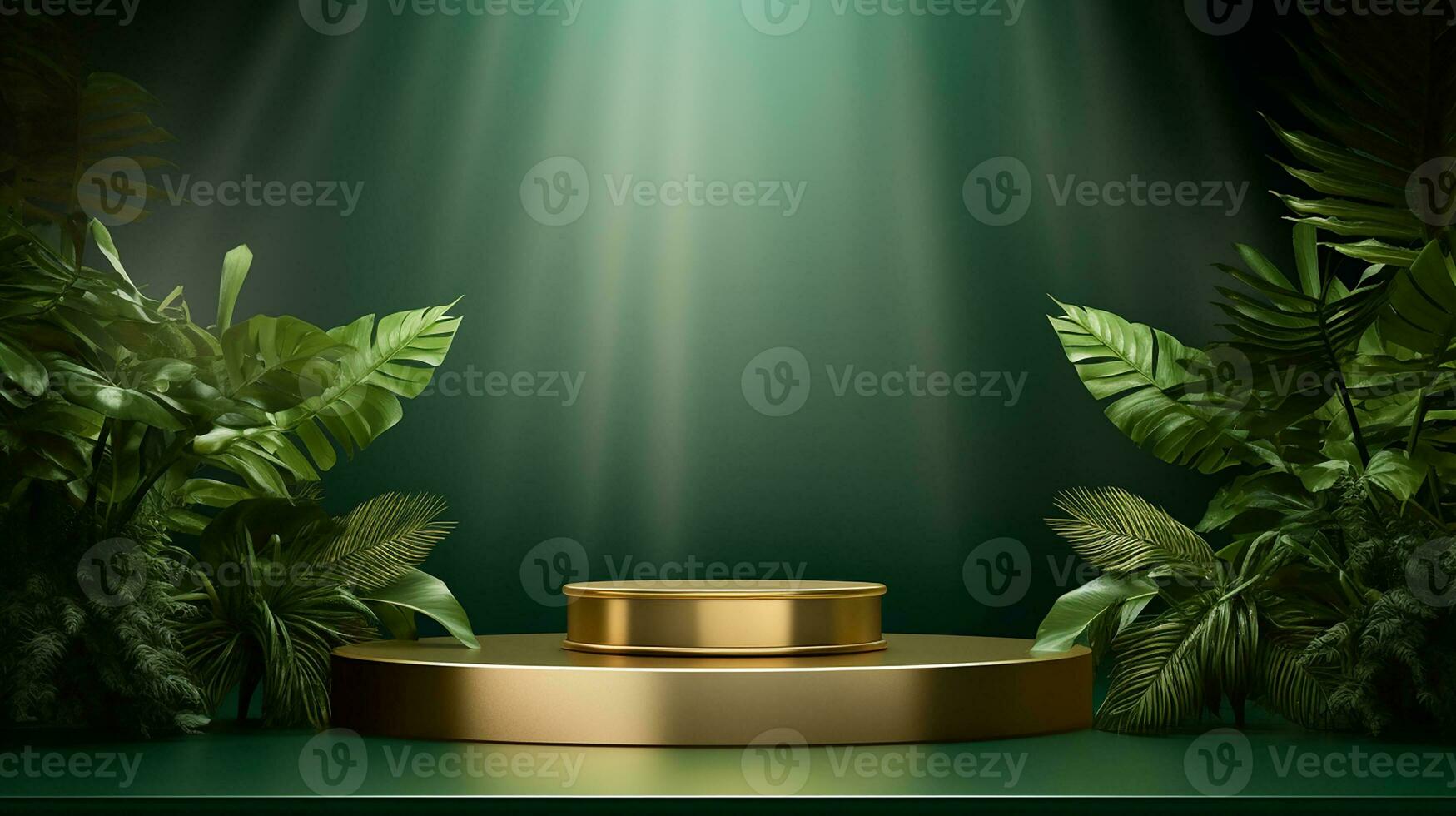 AI generated 3d rendered empty display elegant luxury green and gold theme podium with leaves Minimal scene for product display presentation photo