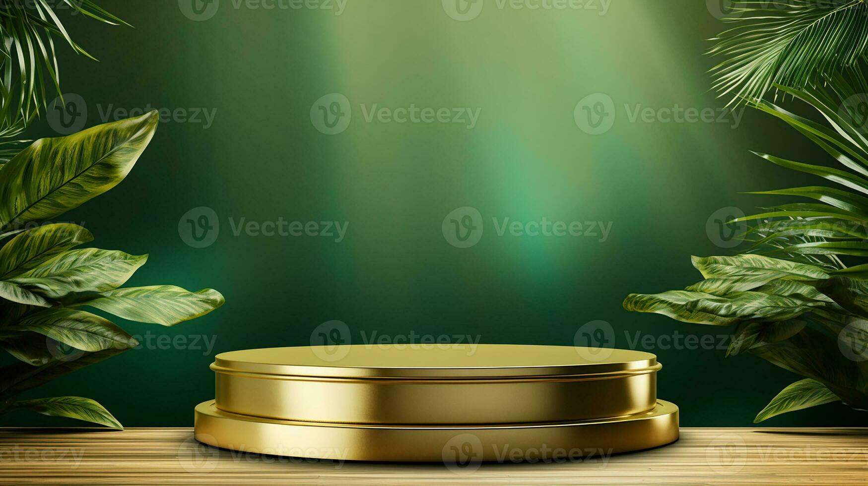 AI generated 3d rendered empty display elegant luxury green and gold theme podium with leaves Minimal scene for product display presentation photo