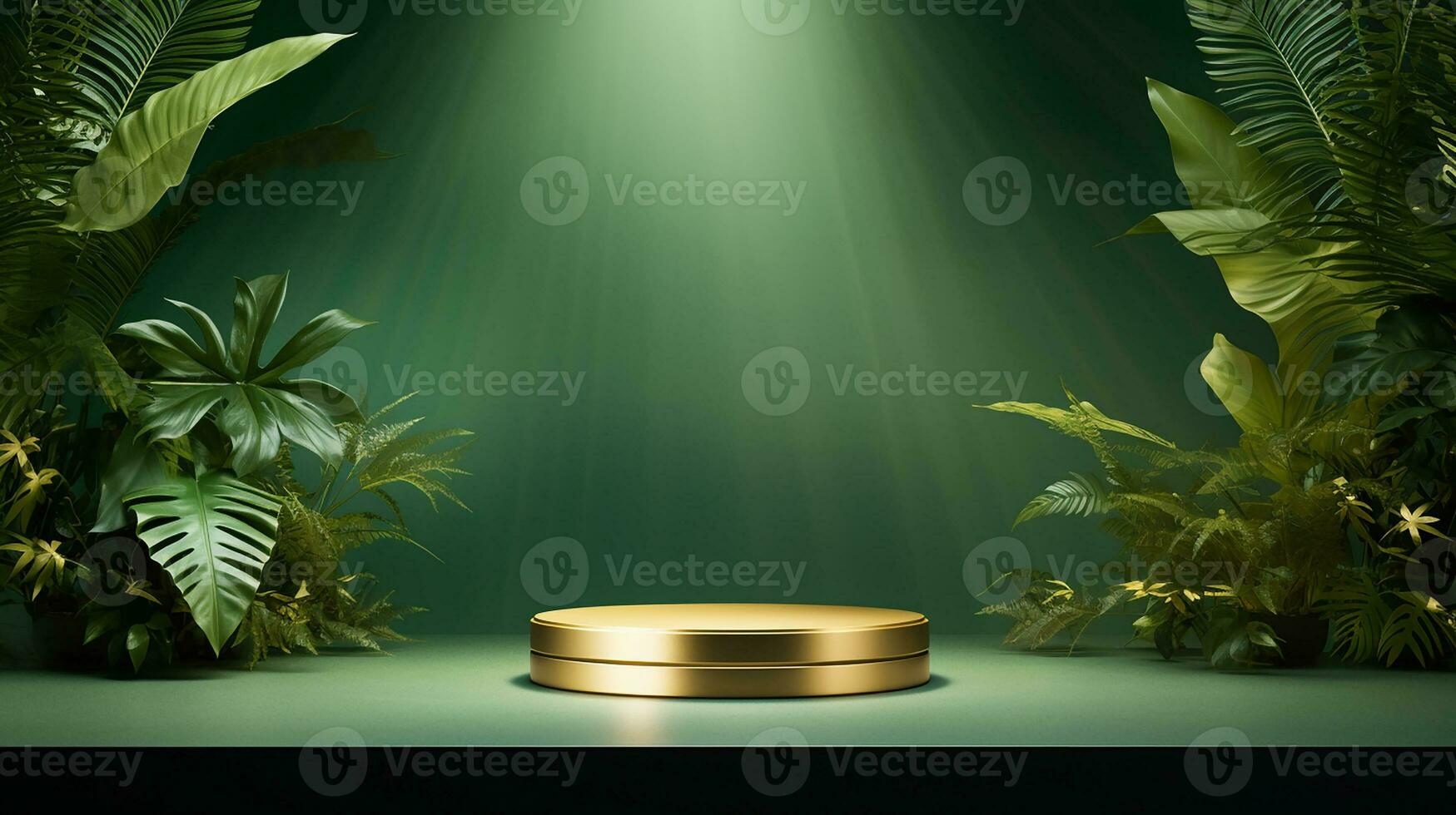 ai generado 3d prestados vacío monitor elegante lujo verde y oro tema podio con hojas mínimo escena para producto monitor presentación foto