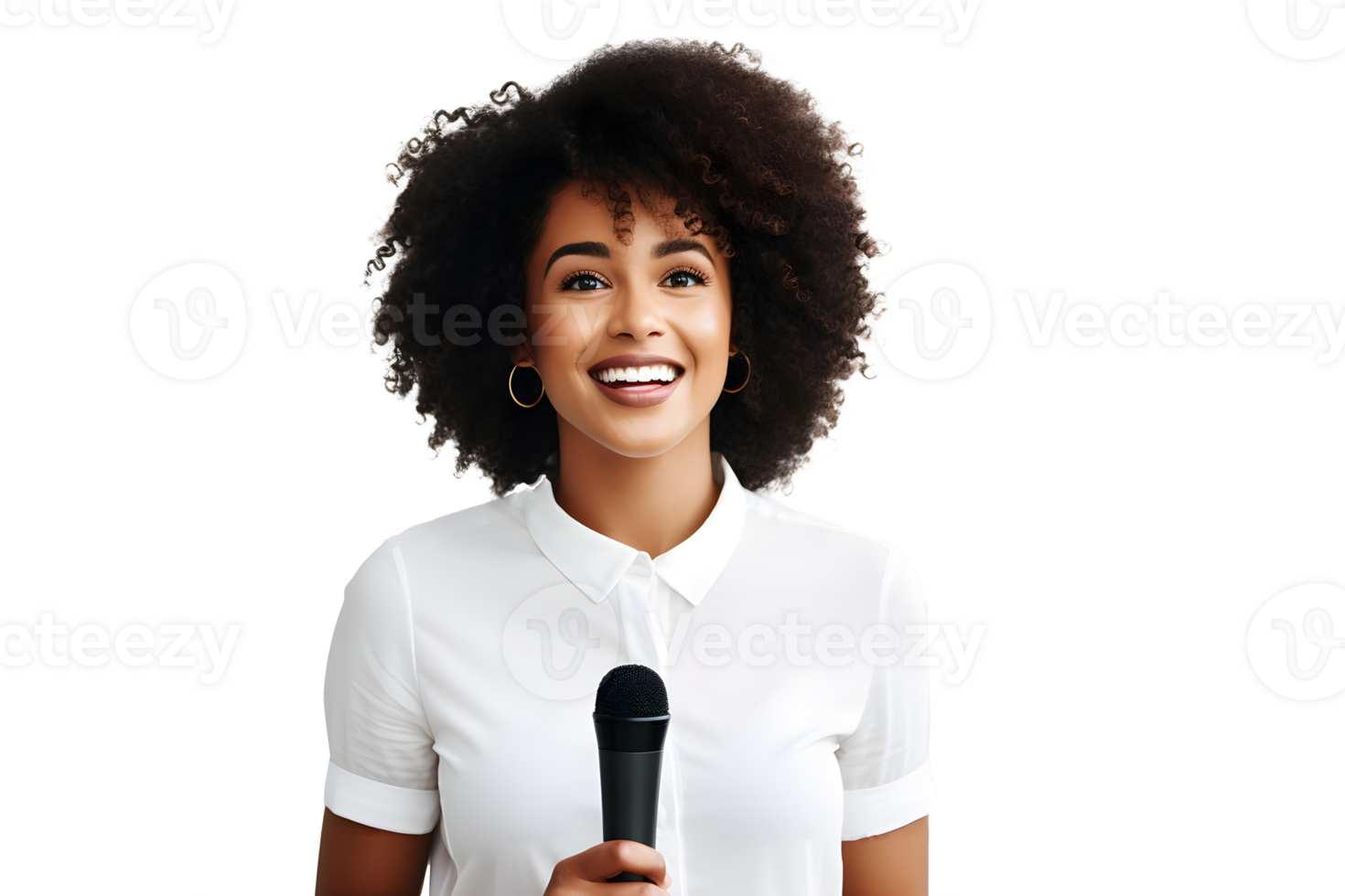 AI generated Young African-American girl with microphone in her hands gives a speech. Concept for speaking at business meetings. Without background png