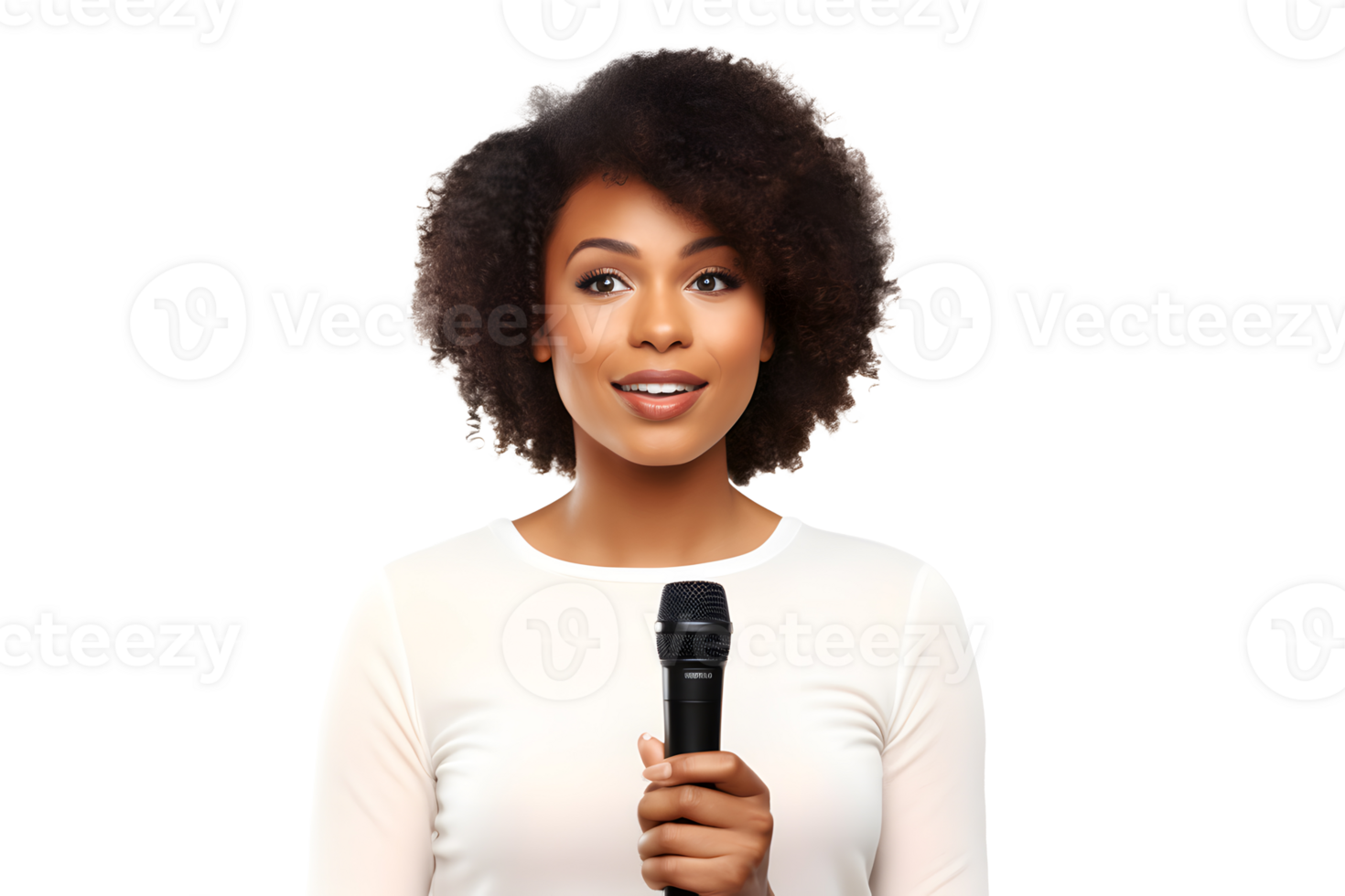 AI generated Young African-American girl with microphone in her hands gives a speech. Concept for speaking at business meetings. Without background png