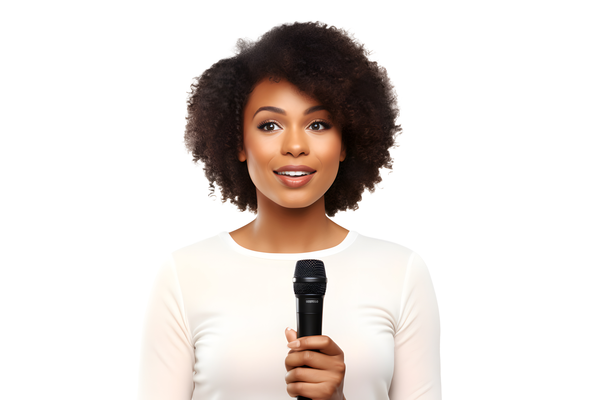 AI generated Young AfricanAmerican girl with microphone in her hands