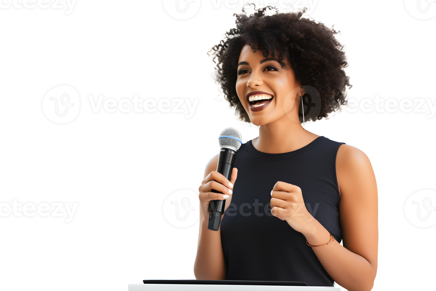 AI generated Young African-American girl with microphone in her hands gives a speech. Concept for speaking at business meetings. Without background png