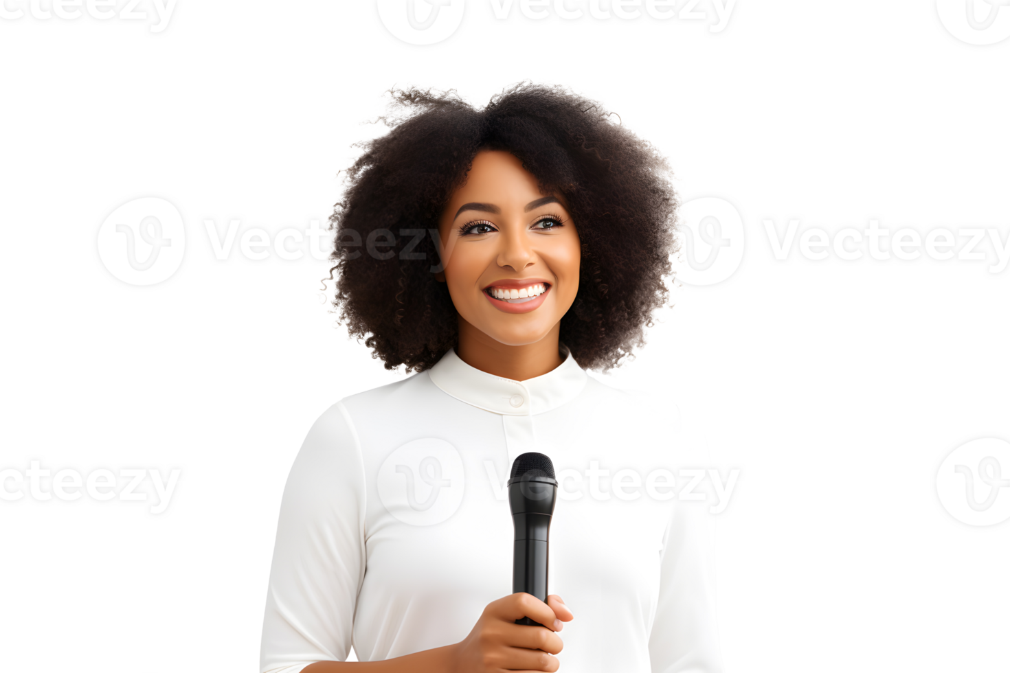 AI generated Young African-American girl with microphone in her hands gives a speech. Concept for speaking at business meetings. Without background png