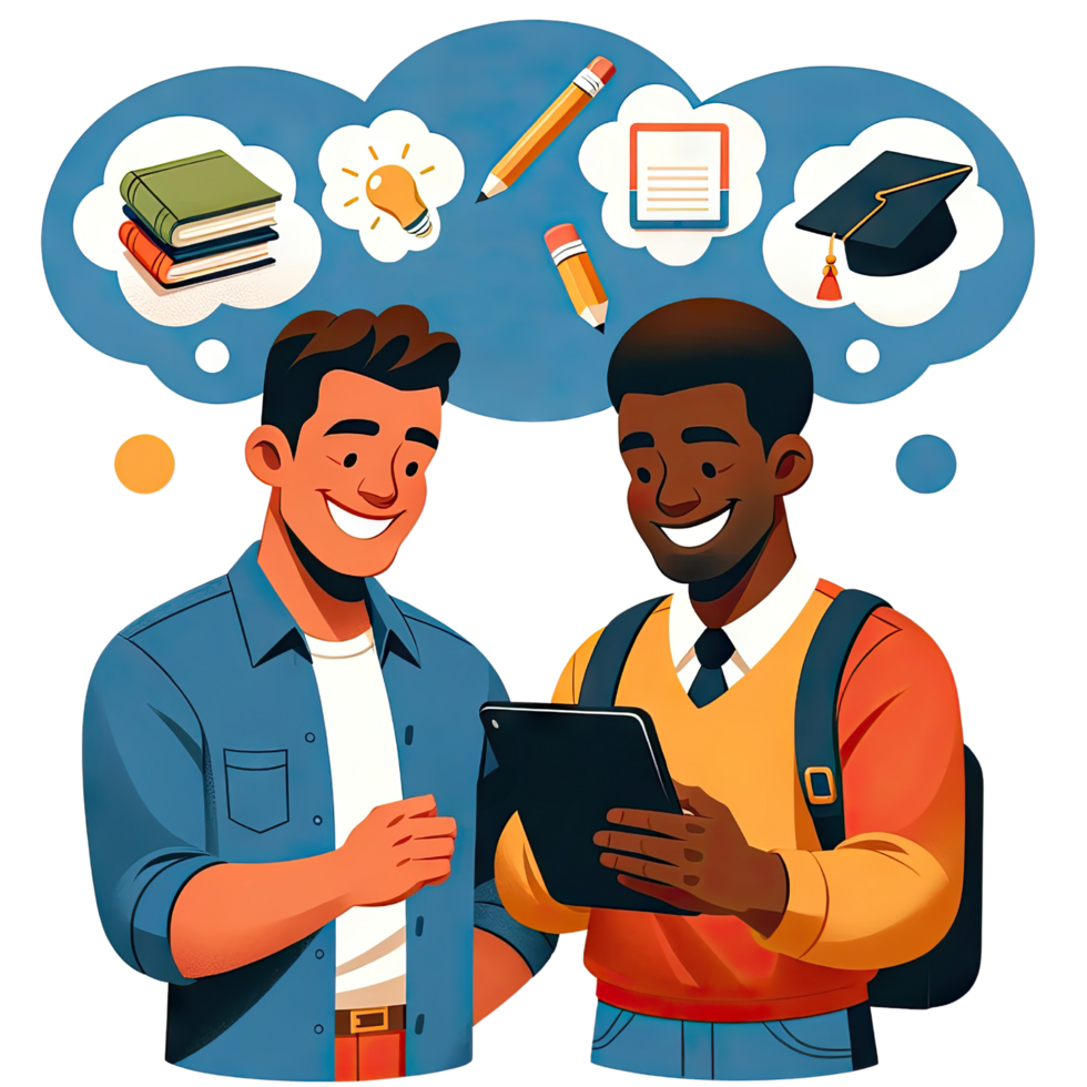 AI generated Young men taking online class and exploring knowledge with a laptop in flat art style png