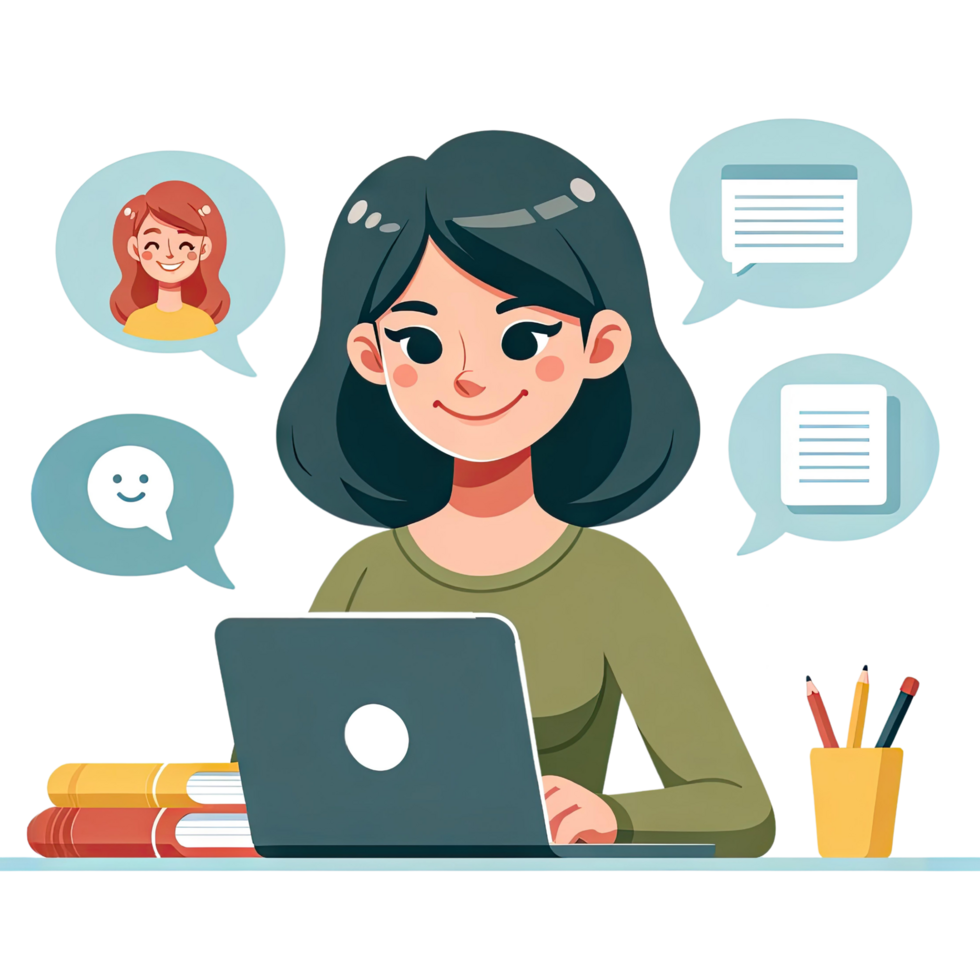 AI generated Young woman studies online and exploring knowledge with a laptop in flat art style png