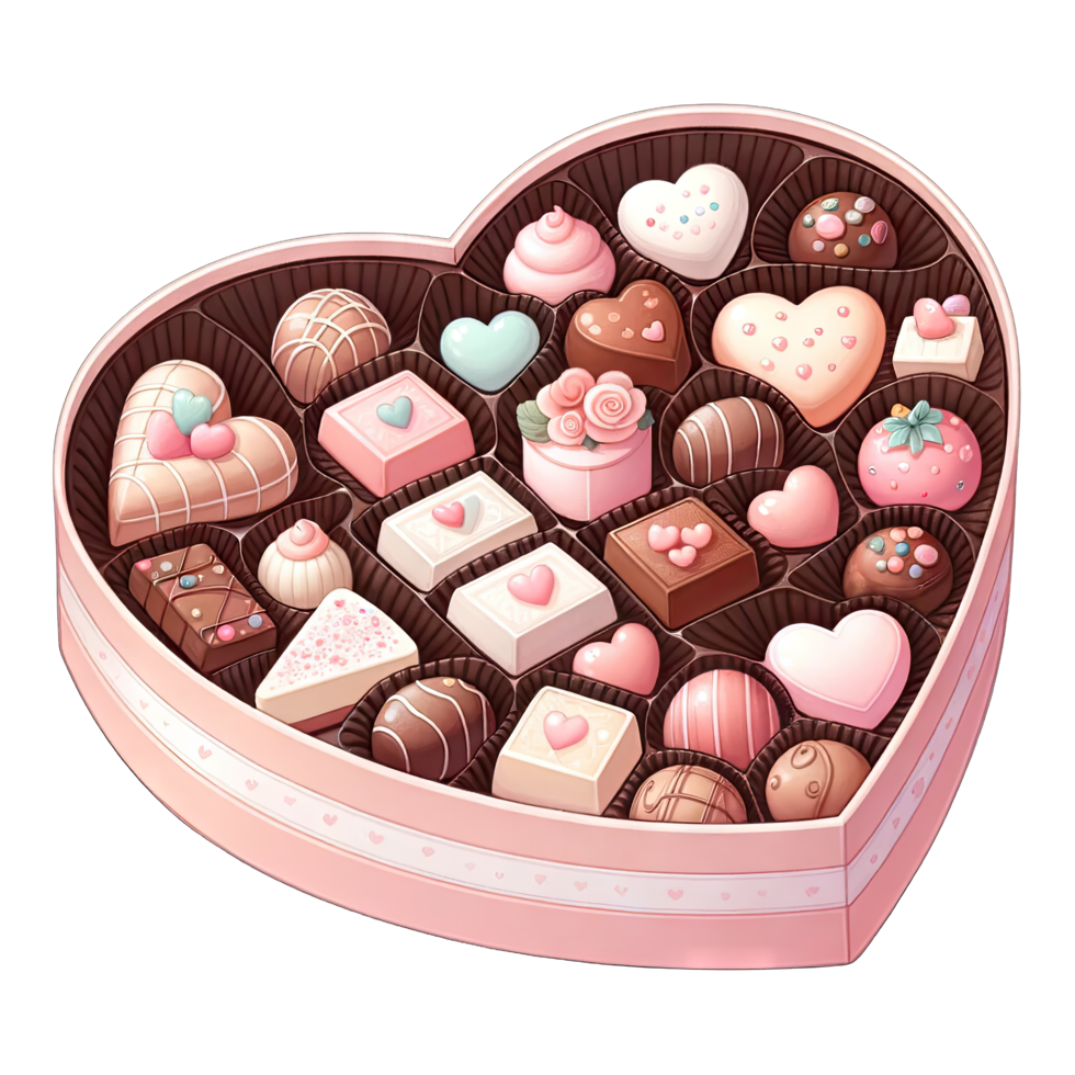 AI generated Watercolor assorted chocolates in pink heart shaped box png