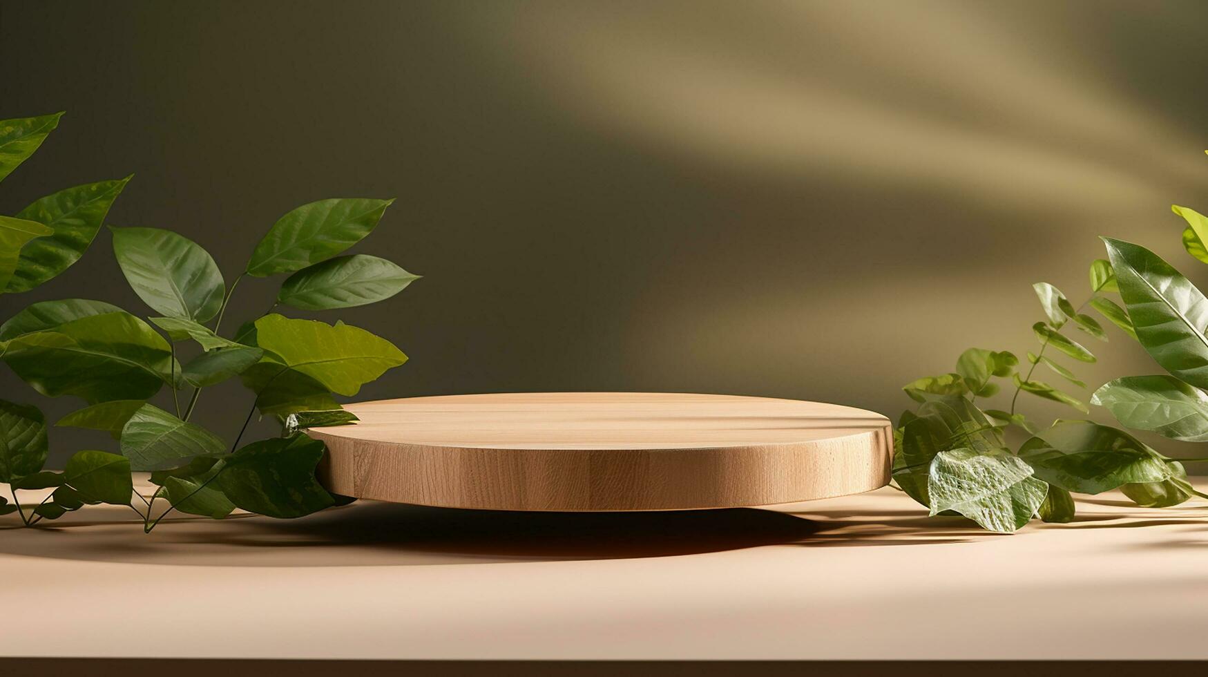 AI generated 3d rendered wooden empty display podium with leaves Minimal scene for product display presentation photo