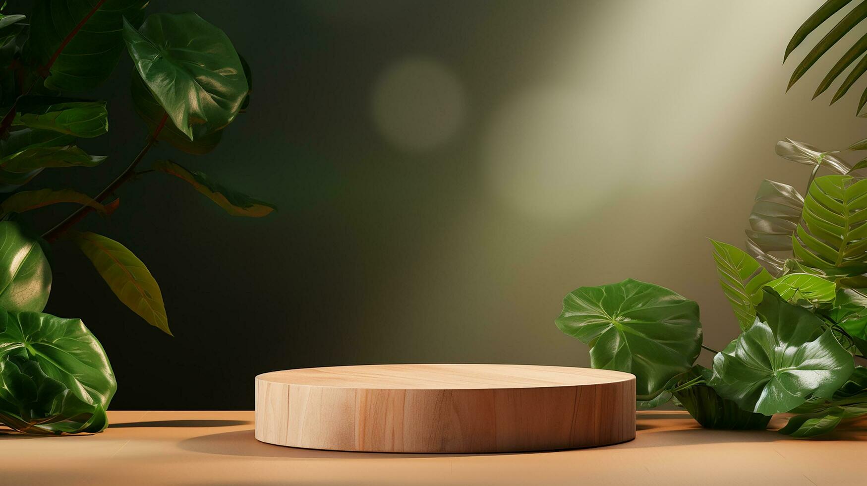 AI generated 3d rendered wooden empty display podium with leaves Minimal scene for product display presentation photo