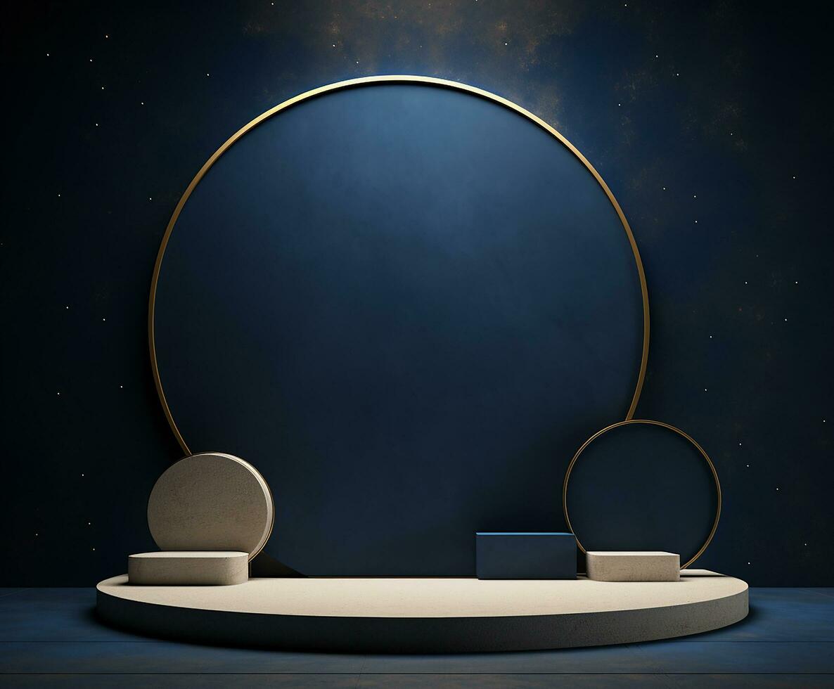 AI generated 3d rendered empty display elegant luxury blue and gold theme podium with leaves Minimal scene for product display presentation photo