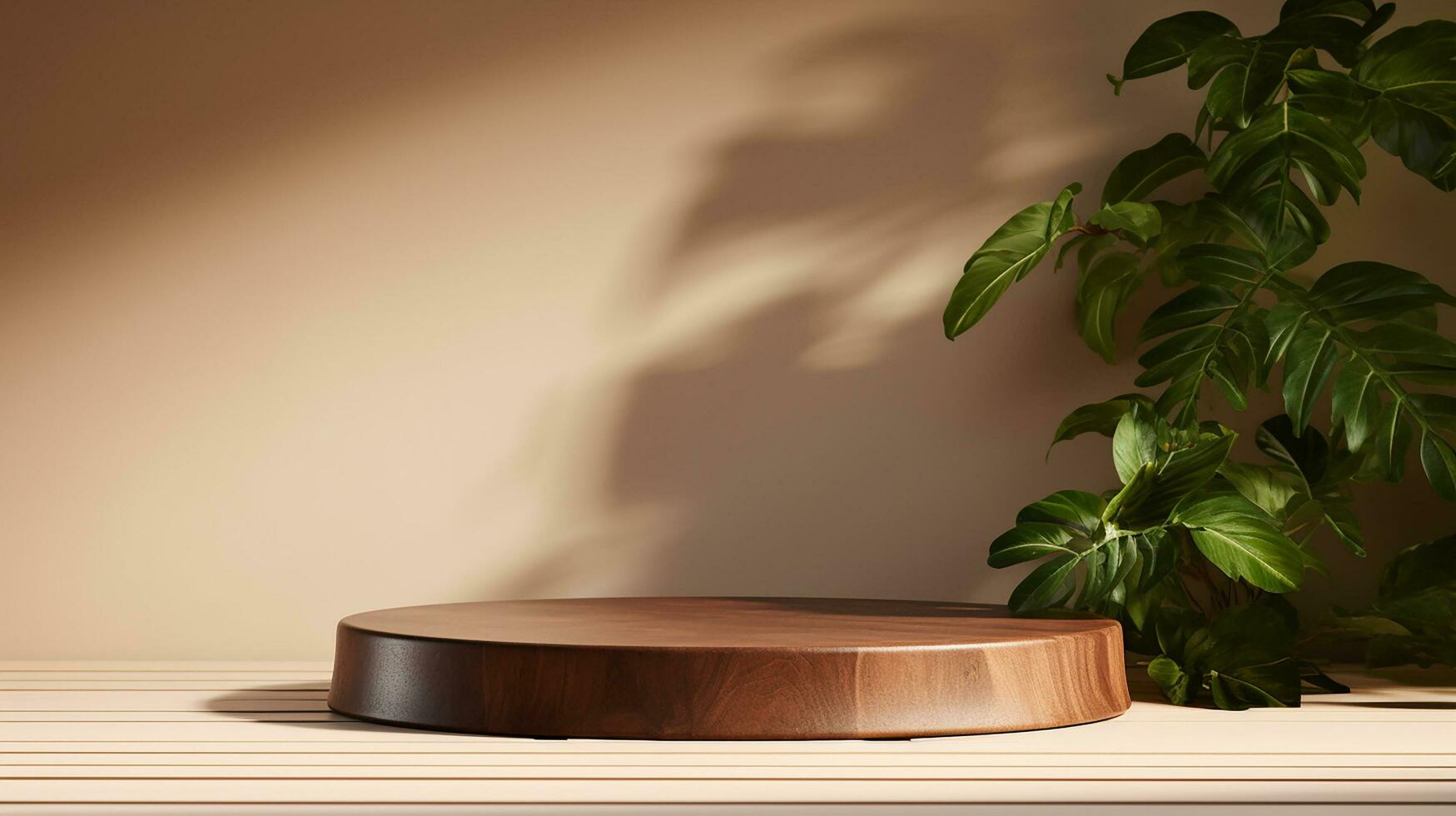 AI generated 3d rendered wooden empty display podium with leaves Minimal scene for product display presentation photo