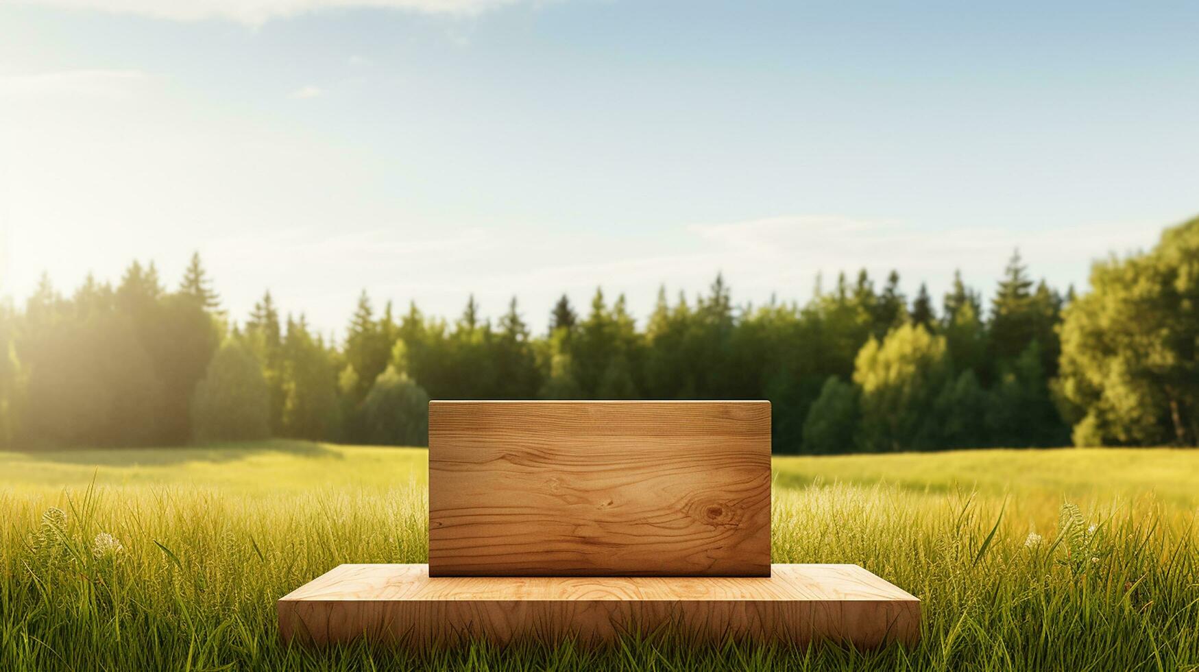 AI generated 3d rendered empty Luxury natural wooden podium in the ground for showing packaging and product on black background, copy space photo