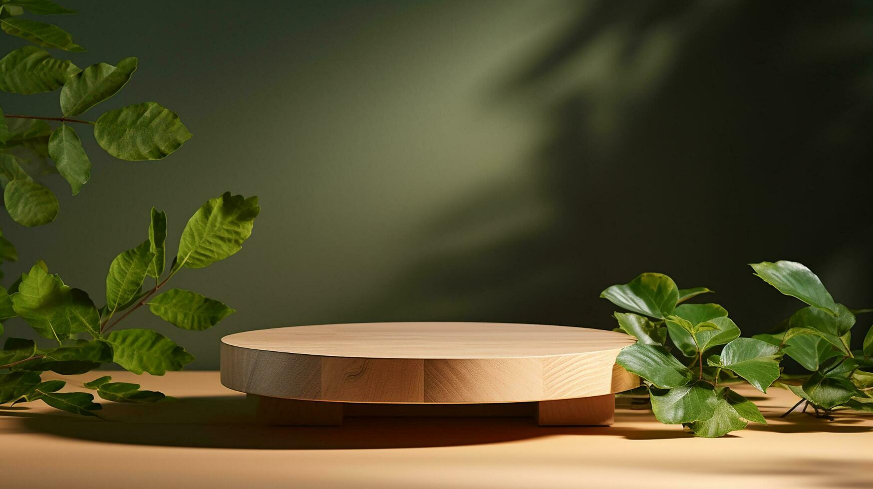 AI generated 3d rendered wooden empty display podium with leaves Minimal scene for product display presentation photo