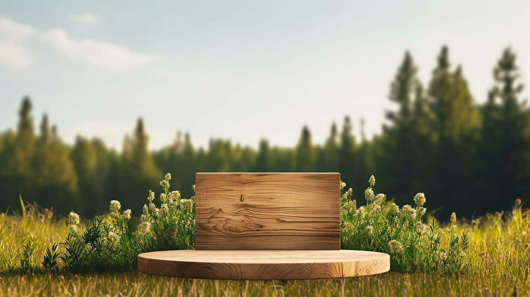 AI generated 3d rendered empty Luxury natural wooden podium in the ground for showing packaging and product on black background, copy space photo