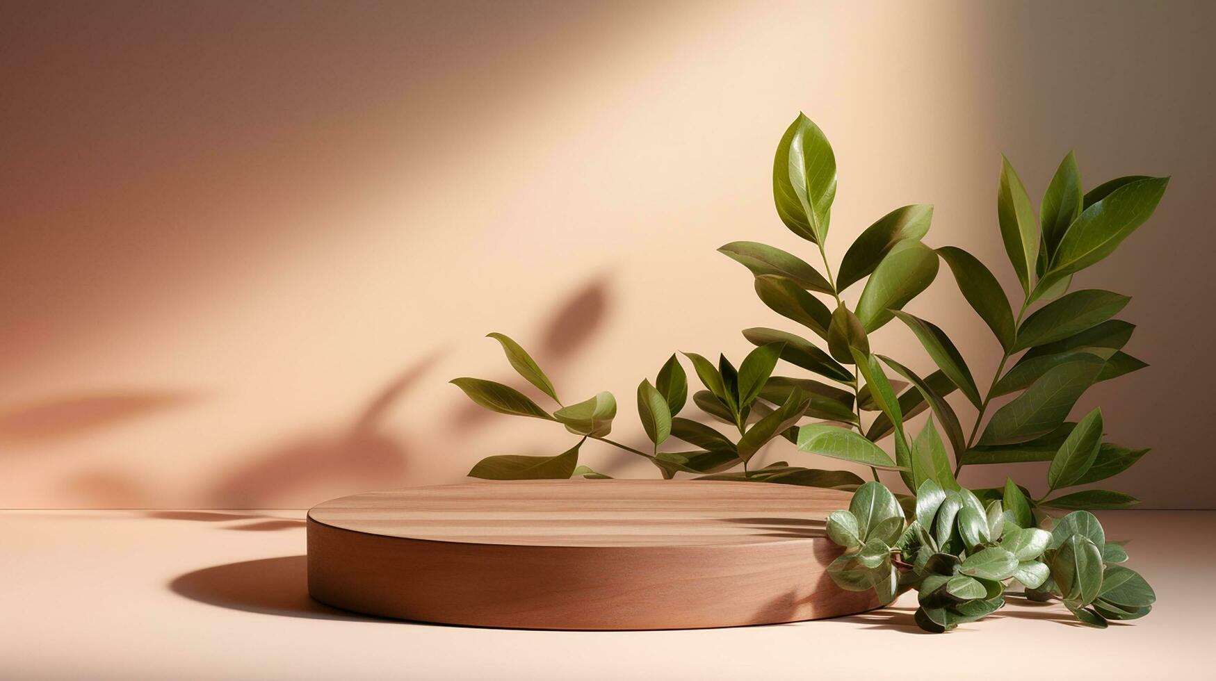 AI generated 3d rendered wooden empty display podium with leaves Minimal scene for product display presentation photo