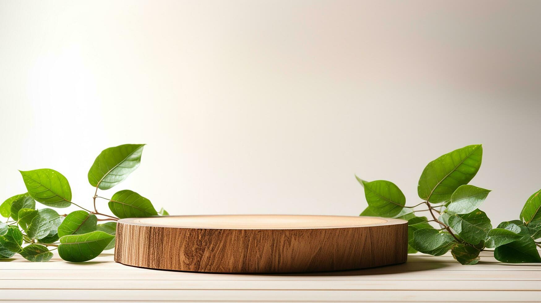 AI generated 3d rendered wooden empty display podium with leaves Minimal scene for product display presentation photo