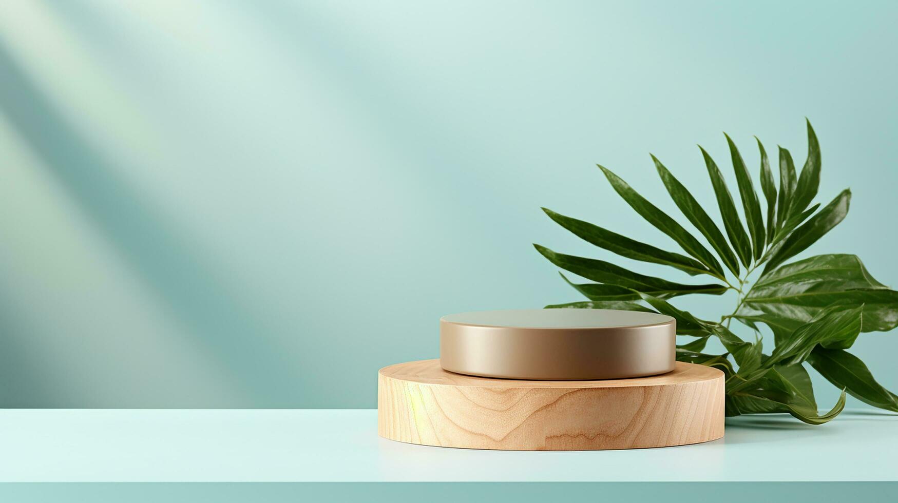 AI generated 3d rendered blue empty display podium with leaves Minimal scene for product display presentation photo