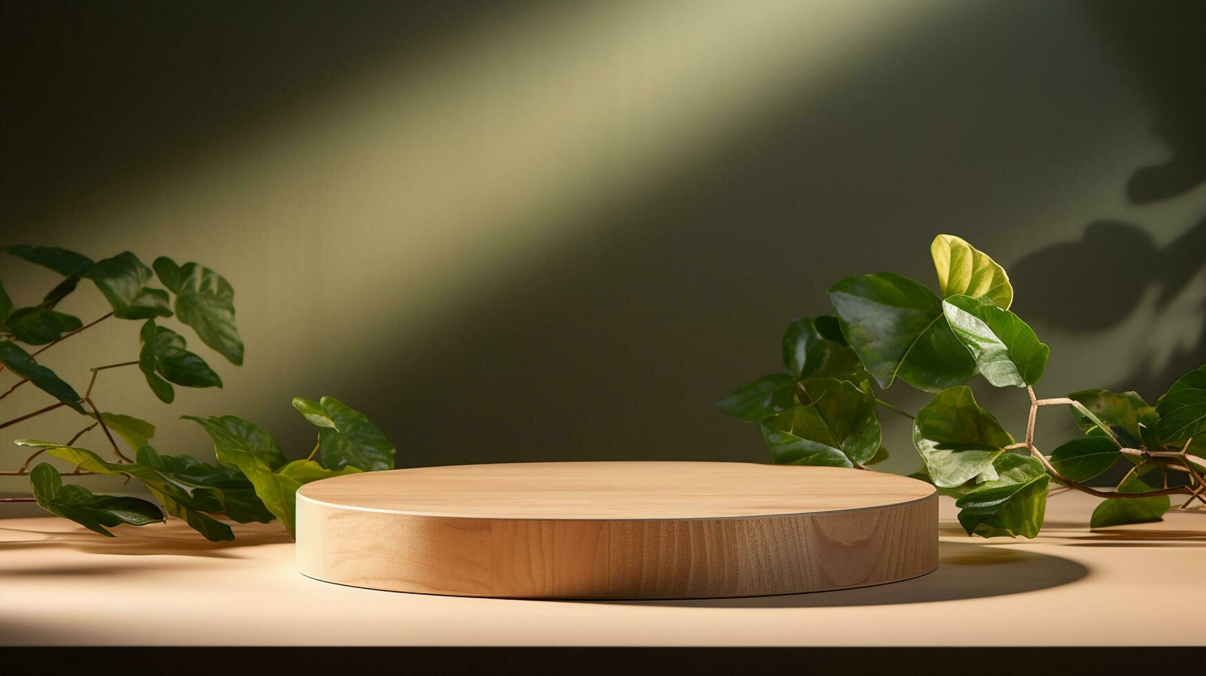 AI generated 3d rendered wooden empty display podium with leaves Minimal scene for product display presentation photo